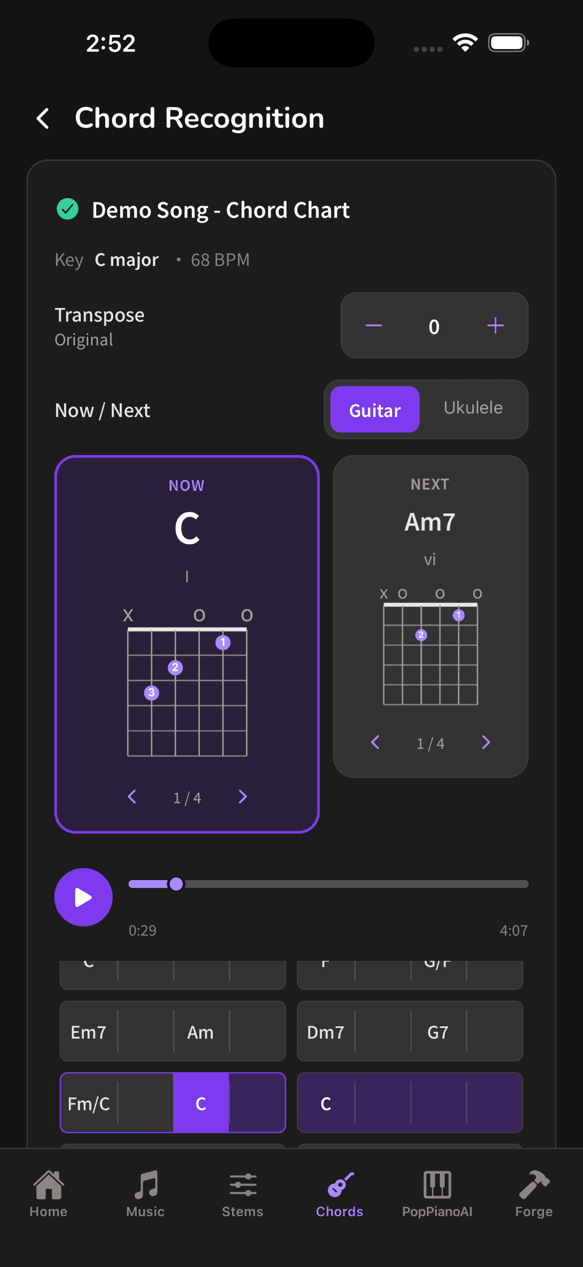 Muse Forge app chord detection: key and BPM, transpose, now/next cards and guitar chord diagram