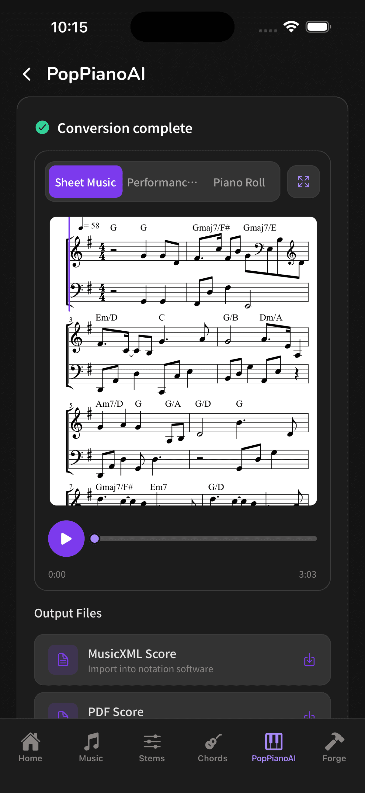 Muse Forge app PopPianoAI result screen: sheet music view, player and PDF/MIDI/MusicXML exports