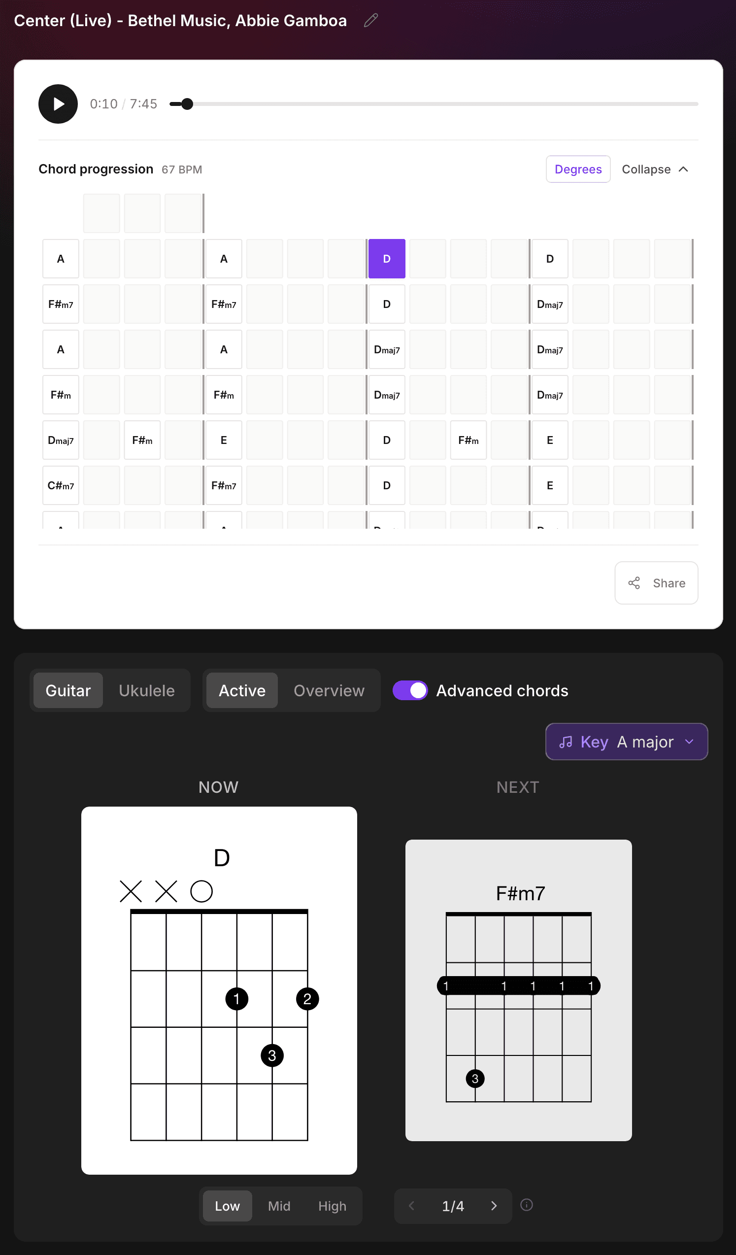 Chord recognition dynamic view: a bar-by-bar chord progression chart above, now/next chord cards with guitar fingering diagrams below, and a Low/Mid/High position and voicing switcher at the bottom