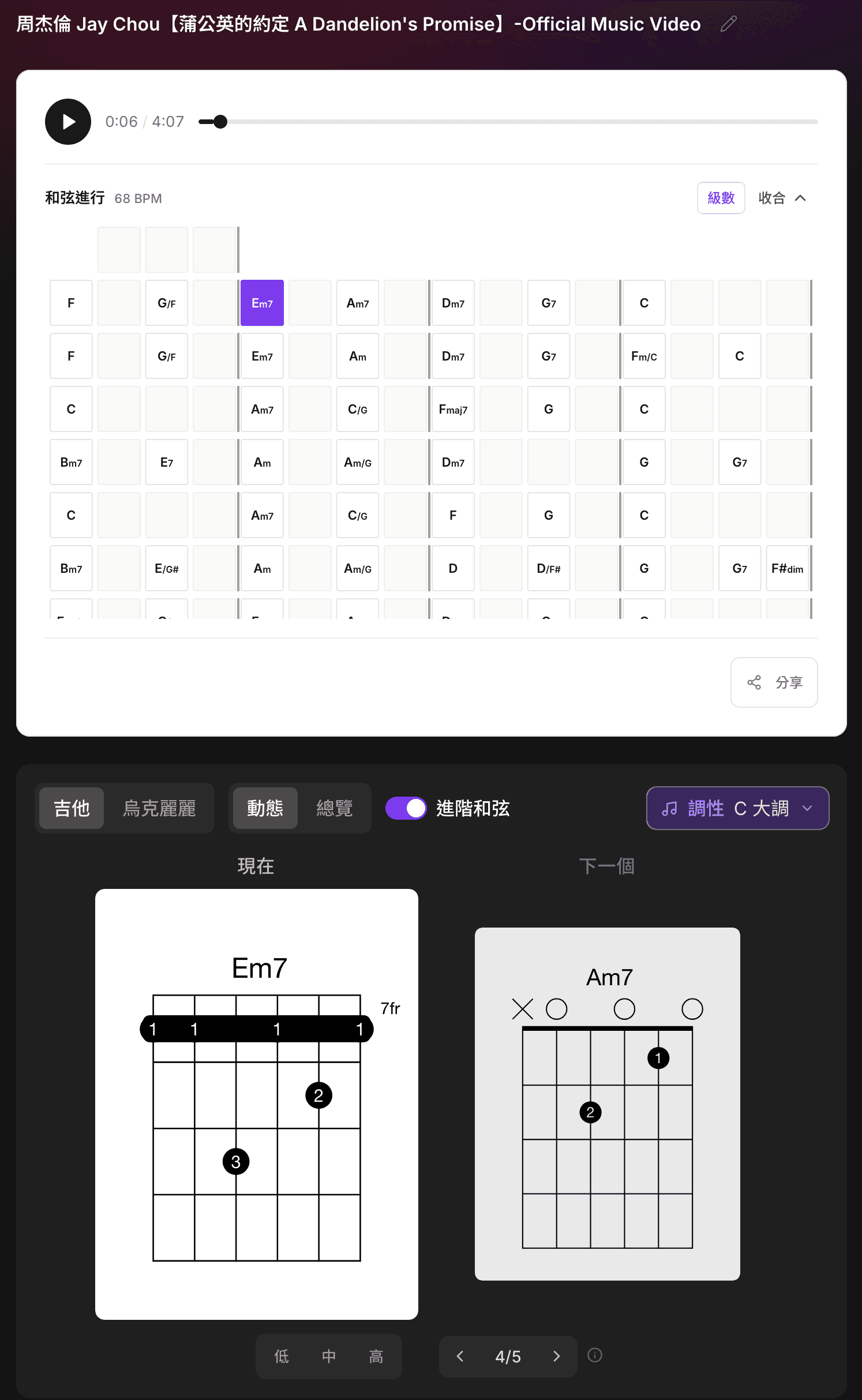 和弦辨識動態檢視：上方是以小節排列的和弦進行表，下方「現在／下一個」和弦卡附吉他指法圖，最下排為低／中／高把位與指法切換