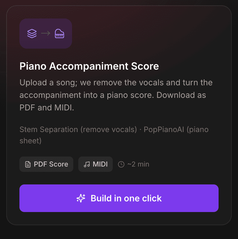 Forge templates: the Piano Accompaniment Score card, listing its Stem Separation and PopPianoAI steps, output formats and estimated time
