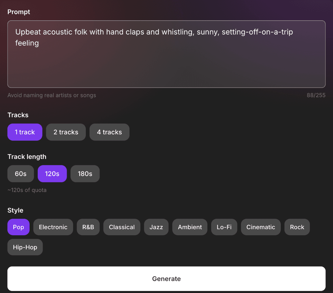 Music Generation form: prompt, 1 track, 120s track length, Pop style, with ~120s of quota shown below