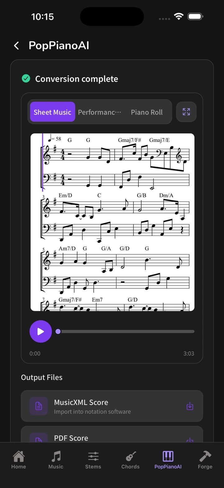 PopPianoAI sheet-music playback in the Muse Forge app