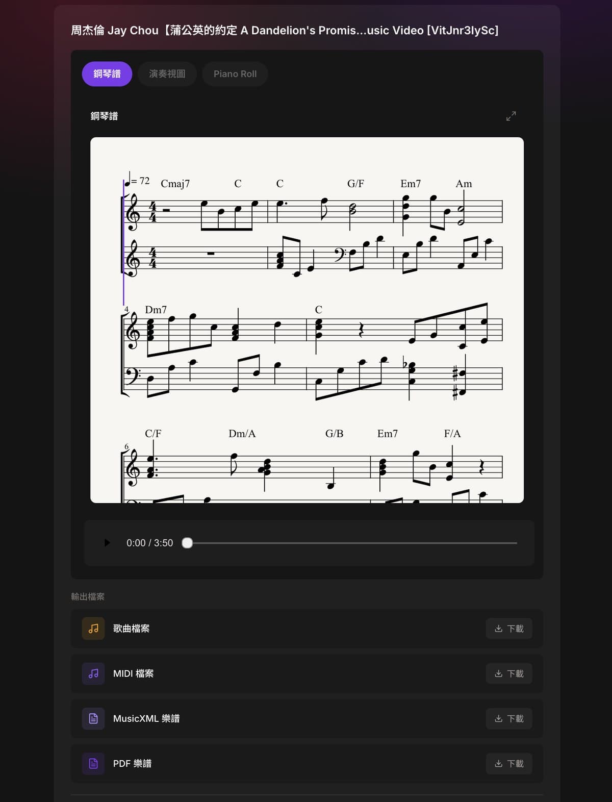 PopPianoAI 生成結果:含和弦標記的鋼琴譜、試聽播放器與 PDF、MusicXML、MIDI、鋼琴版音檔下載