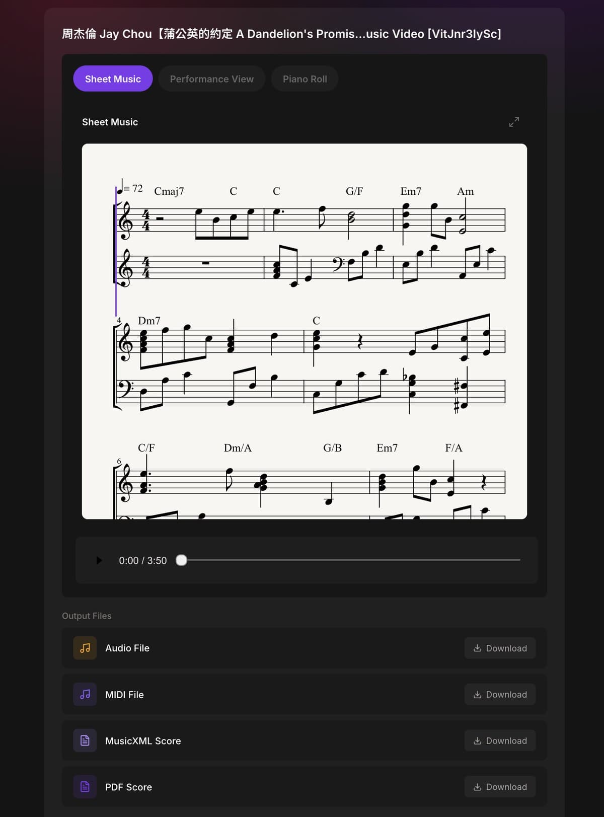 PopPianoAI results: piano sheet music with chord symbols, audio player, and PDF, MusicXML, MIDI, piano audio downloads